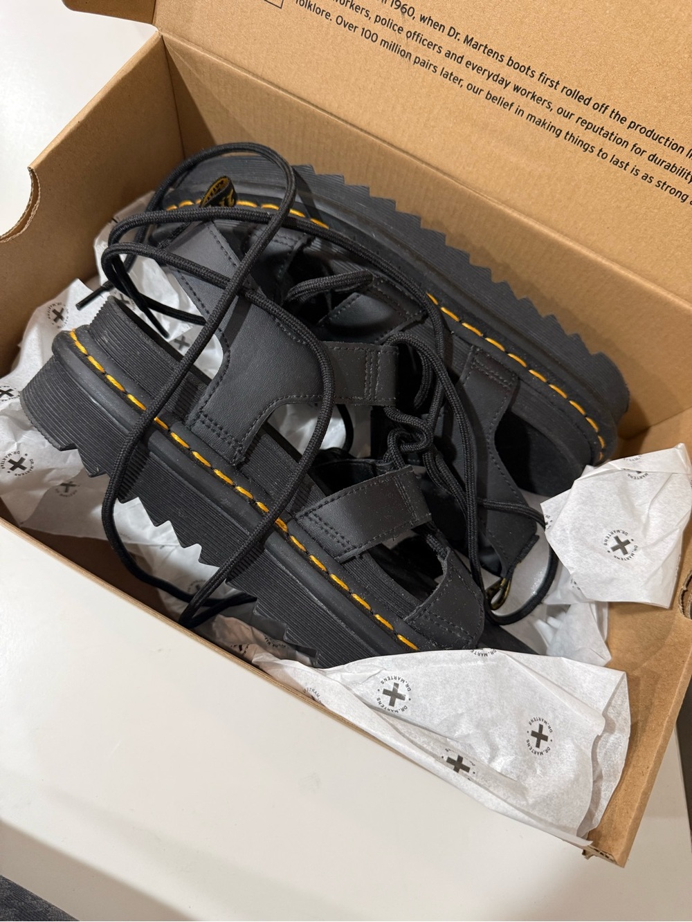 Dr. Martens Black Leather Platform Sandals with Yellow Stitching - Picture 1 of 7